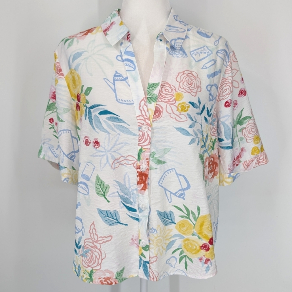 Rachel Zoe White Blue Green Floral Tea Watercolor Short Sleeve Blouse Large - Picture 3 of 12